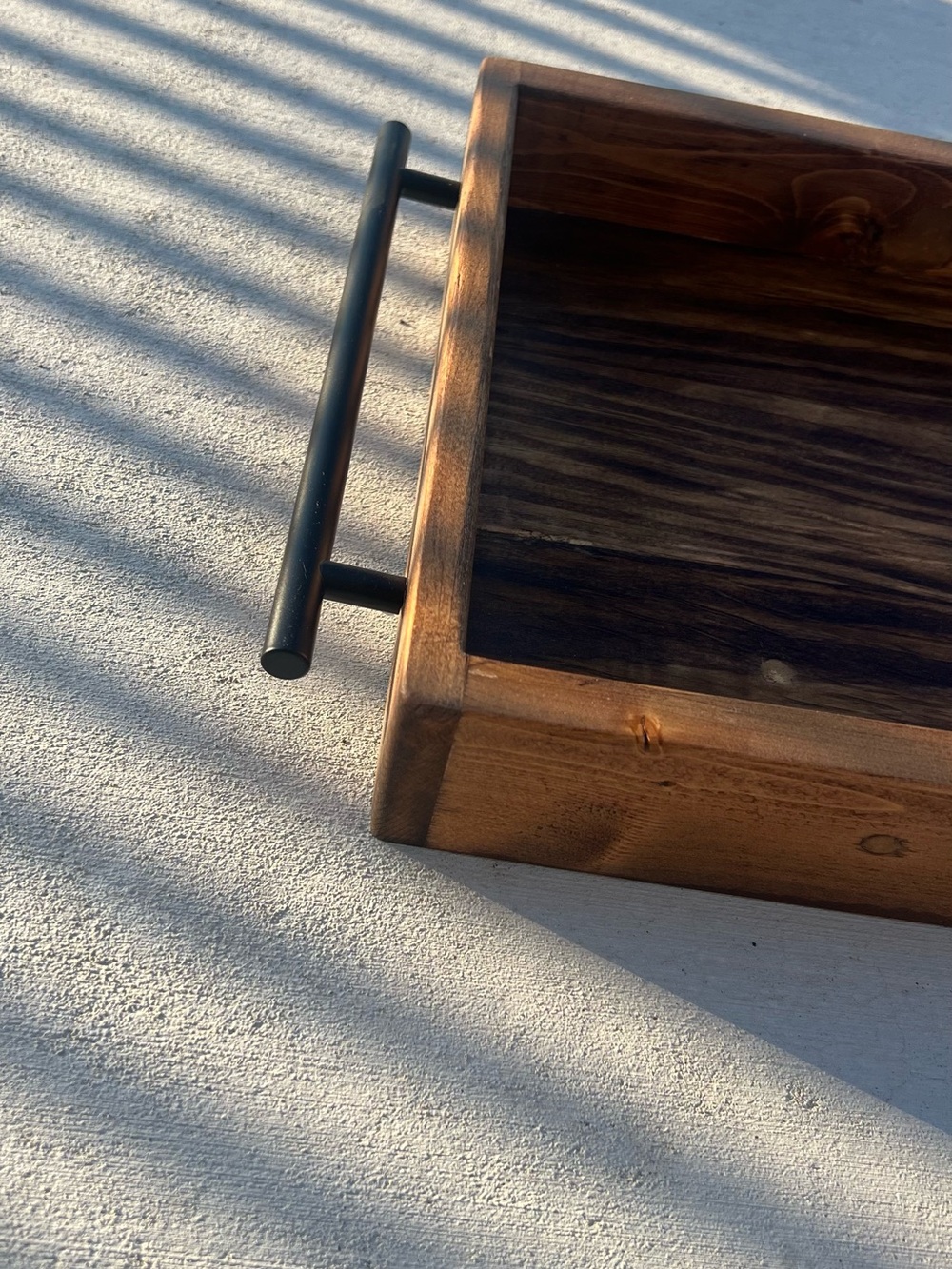 Rustic Wood Serving Tray with Black Metal Handles - Brown